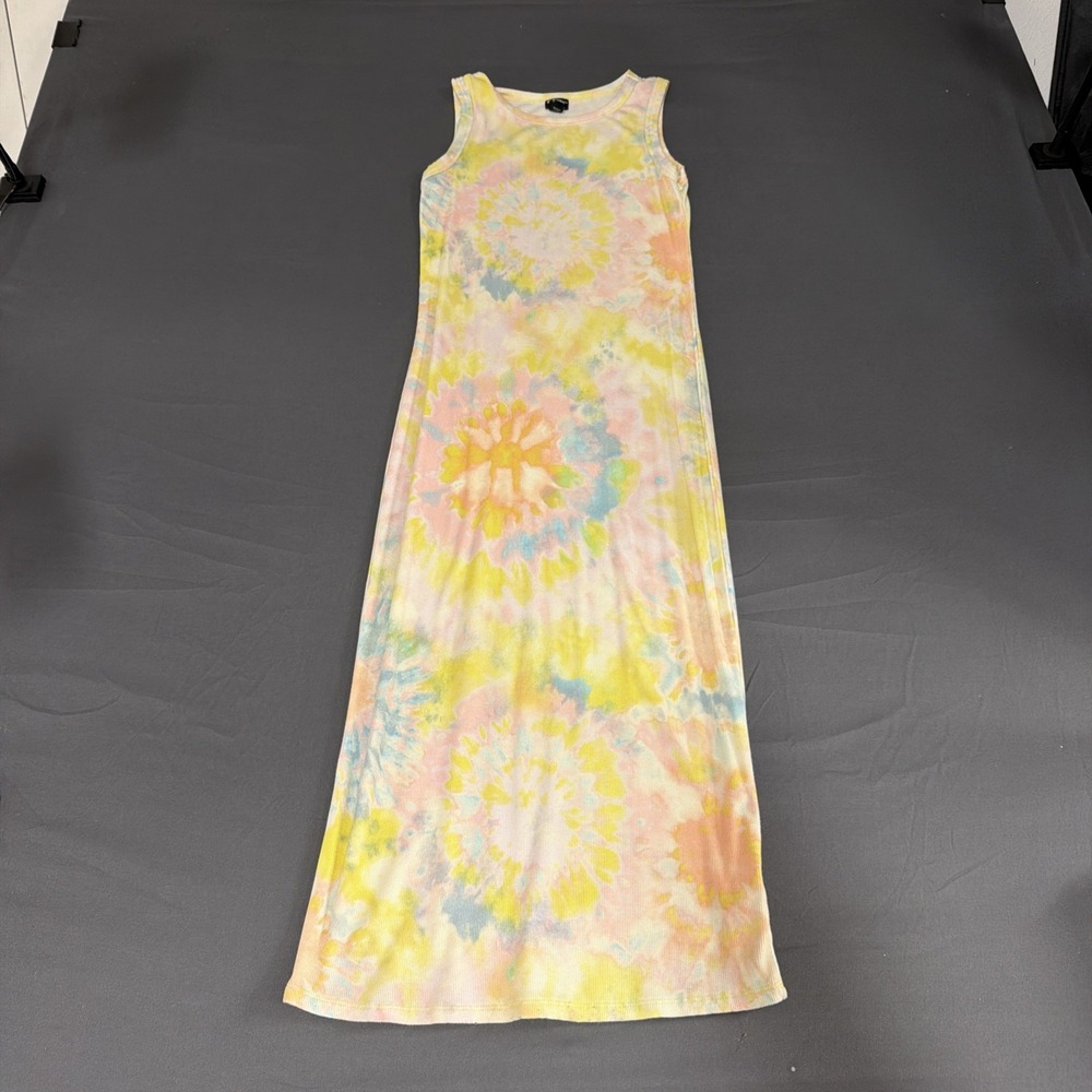 sleeveless pastel tie-dye maxi dress featuring a vibrant multi-color spiral